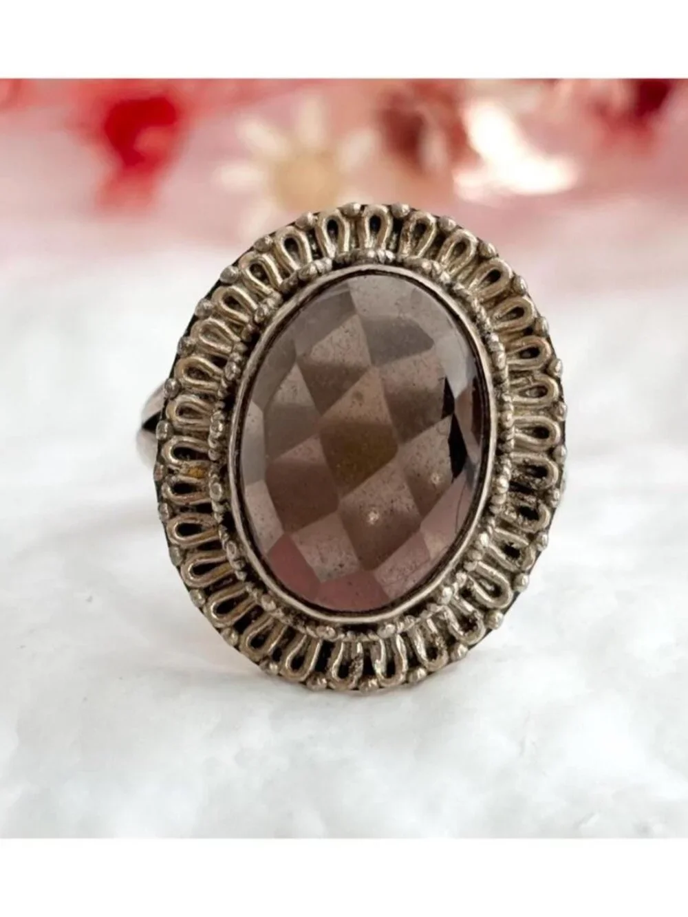 Smoky Quartz Faceted Oval Balinese Sterling Silver 925 Vintage Ring - sz 6.75
